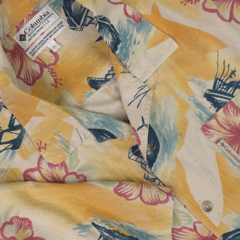 Vintage Columbia Shirt Mens Large Yellow Floral Silk Hawaiian Fishing Loop Camp